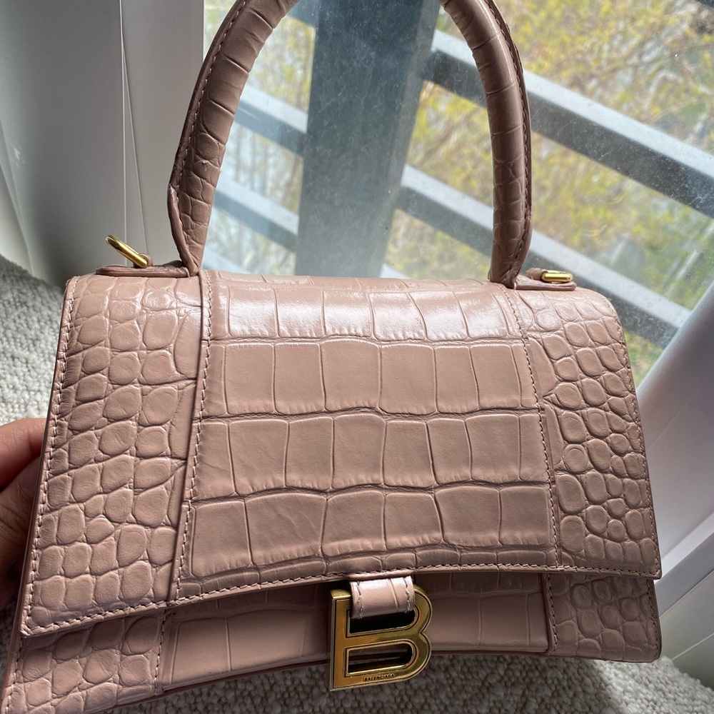 BALENCIAGA Hourglass Small Handbag in beige shiny crocodile embossed calfskin.